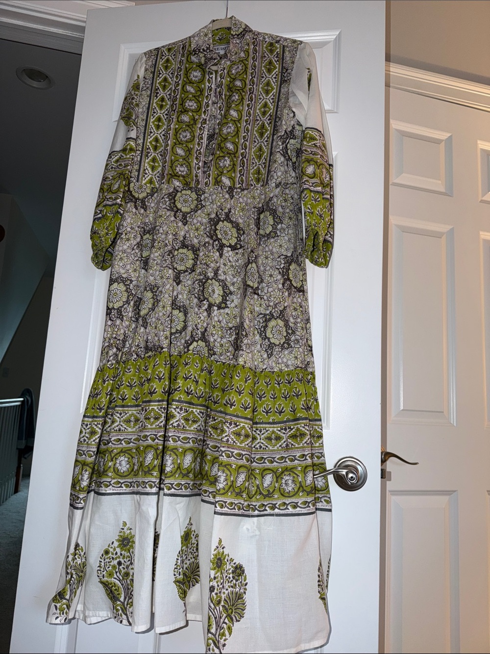 Sue Sartor Long Sleeve Maxi Dress in Olive Green and Cream
